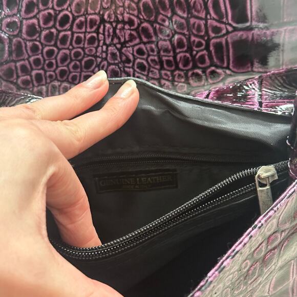 Purple Genuine Leather Crocodile Embossed Patent Purse Crossbody Bag Eggplant - Picture 7 of 11